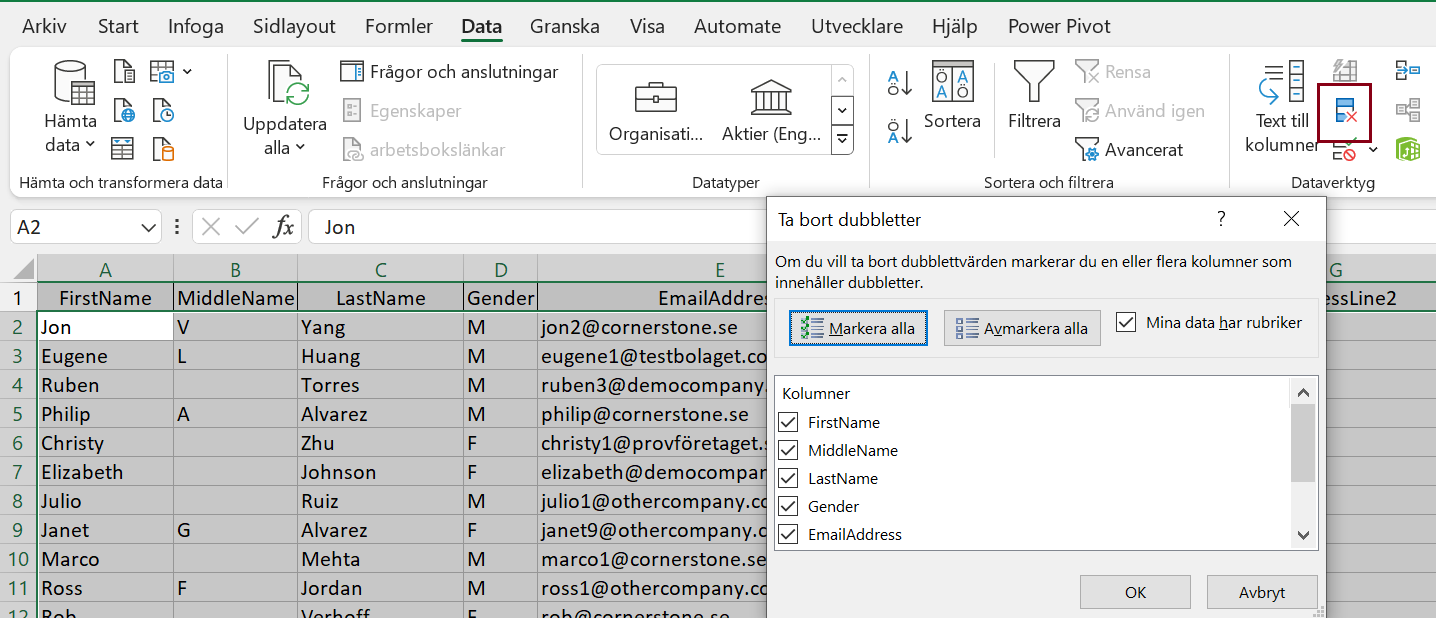 Radera dubletter i excel